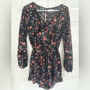 Abercrombie & Fitch Floral Long-Sleeve Mini Romper — Black Multicolor Print, XS